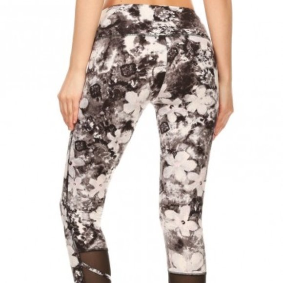 BLACK/GREY/PINK FLORAL MID-RISE LEGGING W/ STRAPPY MESH PANELS #7L18-02 - Picture 9 of 13